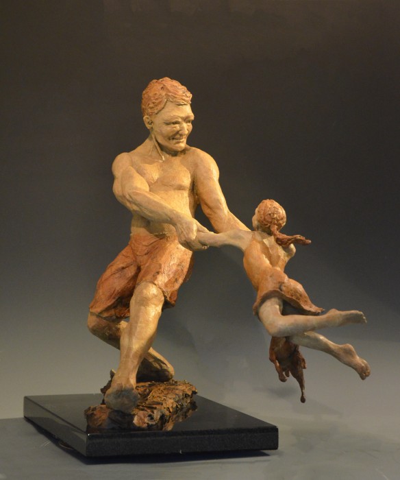 Faster, Daddy! bronze sculpture by David Varnau